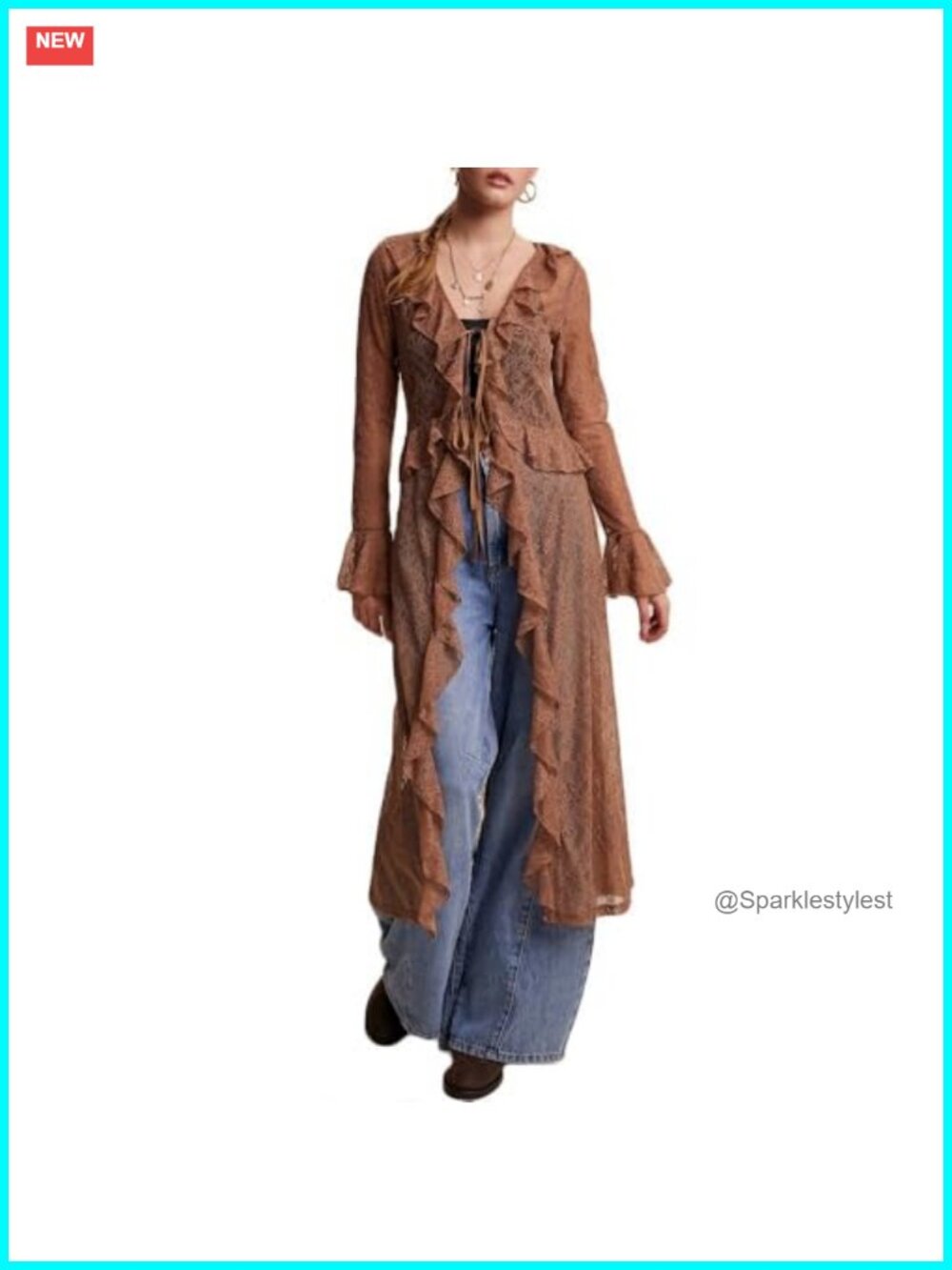 Lace Mesh Tie Front Maxi Top Ruffled Long Sleeve Sheer Cardigan Kimono